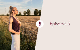 Lisa near a field of grain with one hand on her heart, one hand on her womb, captions "Episode 5"