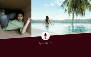 One photo or a person of Asian descent stuck in a box, one photo of a person with long black hair sitting on the edge of a pool, back towards the camera, looking over a lush rain forest, a palm tree beside them