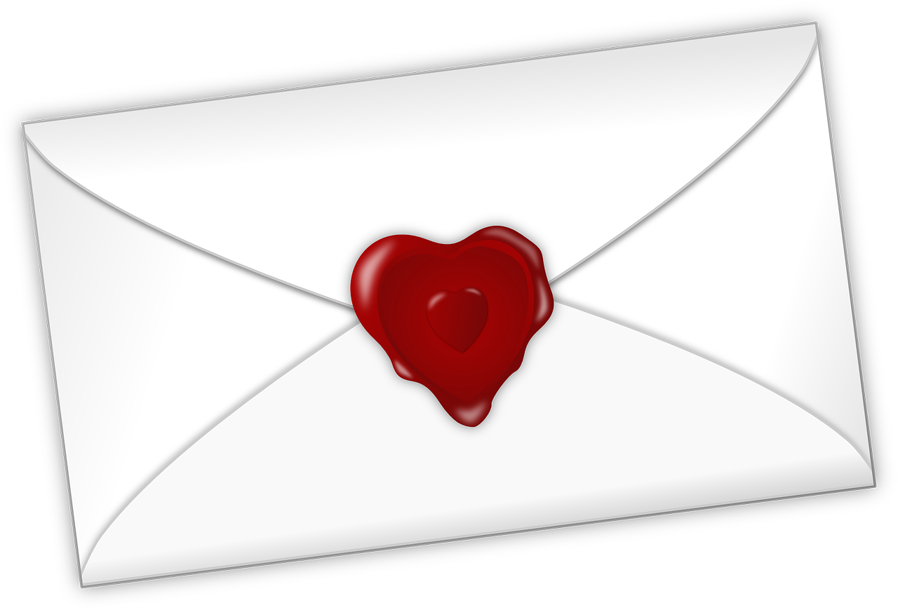 Decorative element: white envelope with a red wax seal in the form of a heart