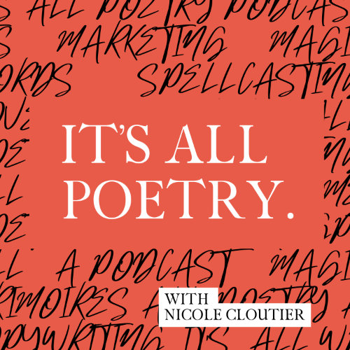 Cover Image of "It's all poetry" podcast, a red background with the words "It's all poetry" in white capital letters in the centre, and black, illegible words scribbled all around it