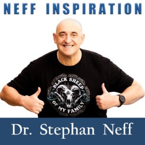 Image with Stephan Neff, a white, bald middle-aged man in a black T-shirt with print "Black Sheep of my family", giving a thumbs-up with both hands; the text "Neff Inspiration" in blue above his head, the text "Dr. Stephan Neff" in white on dark blue background underneath him.