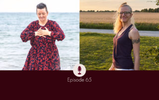 A photo of Lise Lønsmann to the left, a white woman with dark hair in red patterened long dress, hands placed on her heart, head bowed down; and a photo of Lisa Jara, a white woman with blond hait in a purple shirt half-turned towards the camera, smiling invitingly