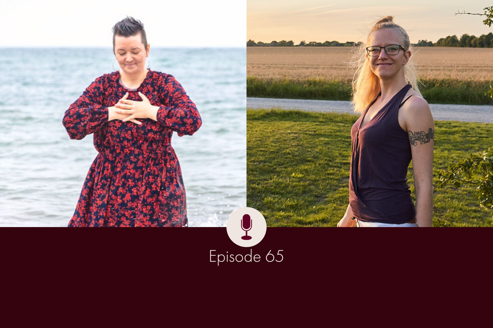 A photo of Lise Lønsmann to the left, a white woman with dark hair in red patterened long dress, hands placed on her heart, head bowed down; and a photo of Lisa Jara, a white woman with blond hait in a purple shirt half-turned towards the camera, smiling invitingly