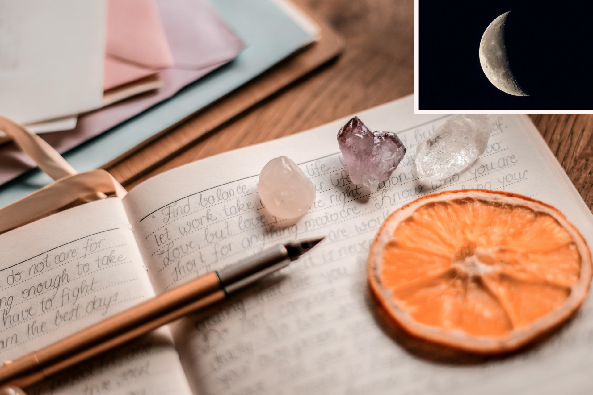 Close-up photo of an open notebook someone has journaled in, on it a fountain pen, a piece of dried orange and several crystals, a stack of letters in pastel colours in the background; the upper right corner shows the image of a waning moon