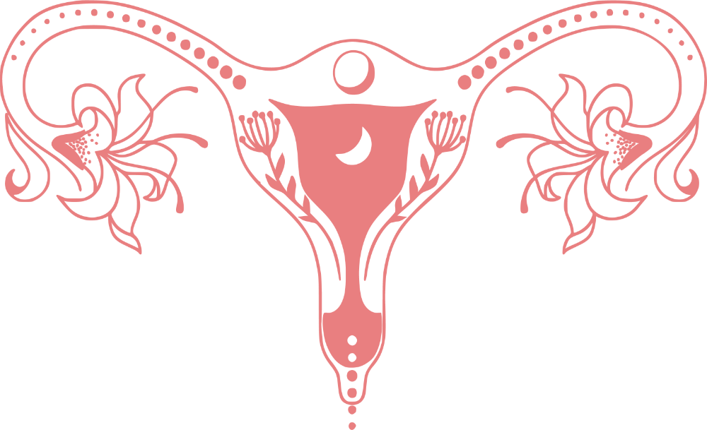 Decoration Uterus with Moon in salmon-colour Decorative element: Salmon-coloured intricately ornamented drawing of a uterus with moon and flowers inside, ovaries depicted as large flowers and fallopian tubes with little dots inside