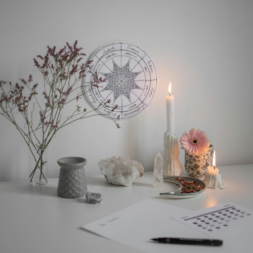 Tile Embodied Cyclical Living “Wheel of the Year” Photo of a white desk in front of a white wall, a round disk on the wall that shows an overview of the Wheel of the Year festivals, flowers, candles, crystals, a moon calendar and pen and paper on the desk in front of it