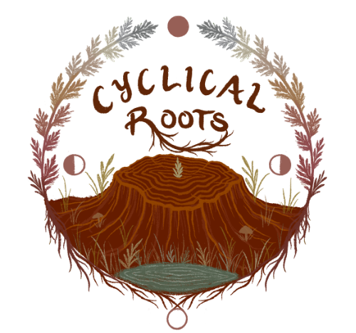 Logo of "Cyclical Roots", a sketched, red-brown tree stump in the centre, with green Earth below, the words "Cyclical Roots" in all-caps above the stump, all surrounded in a circular way by green and brown leaf- and root-ornaments, interspersed with a dark moon below, a waxing half moon to the left, a full moon above and a waning half moon to the right